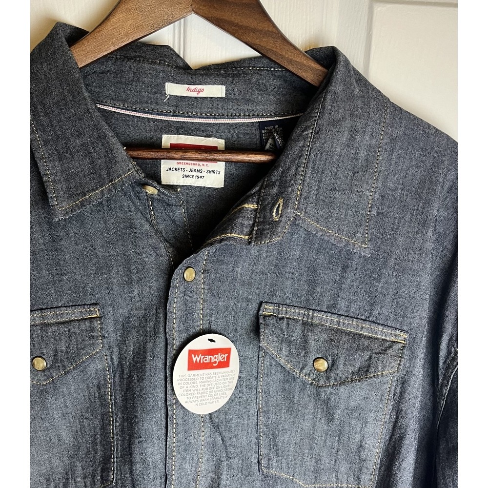 Wrangler Shirt Men's 3XL Indigo Blue Denim‎ Pearl Snap Long Sleeve Slim Fit NWT